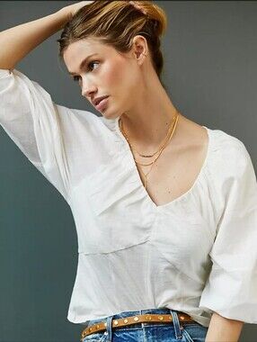 Anthropologie Ruched White V-Neck Peasant Blouse